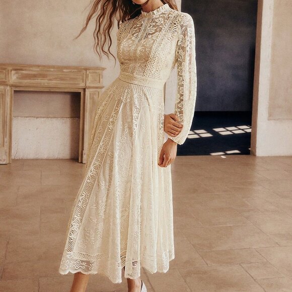 Apricot Elegant Women's Lace Flared Hem Long Sleeve Party Dress - Picture 3 of 7